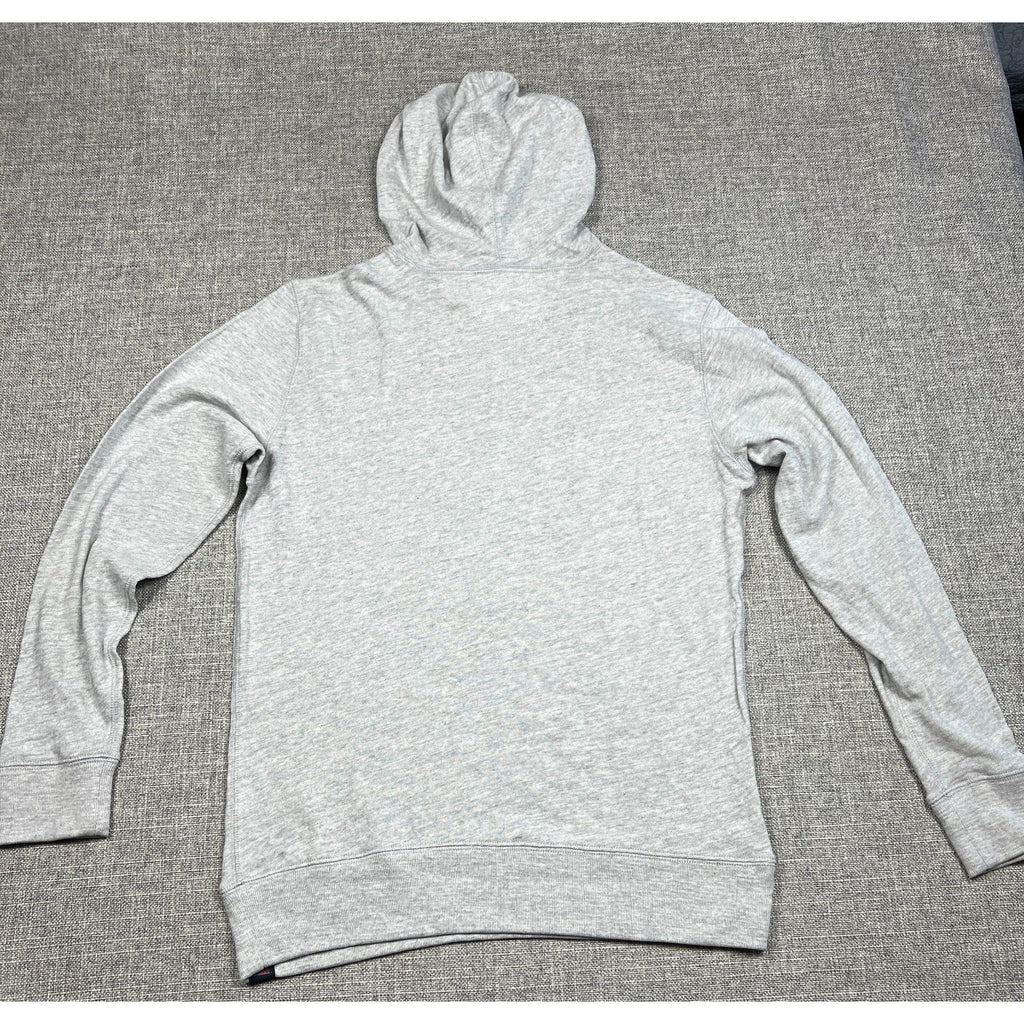 Back view of a light heather gray Faherty organic cotton hoodie with a hood and ribbed cuffs from Second Half Supply Co, LLC