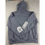 Second Half Supply Co, LLC gray fleece hoodie with Jack Skellington and Sally character patches on the sleeves