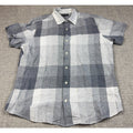 Second Half Supply Co, LLC Banana Republic men's gray and white plaid linen short sleeve shirt with a button front