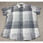 Second Half Supply Co, LLC Banana Republic men's gray and white plaid linen short sleeve shirt with a button front