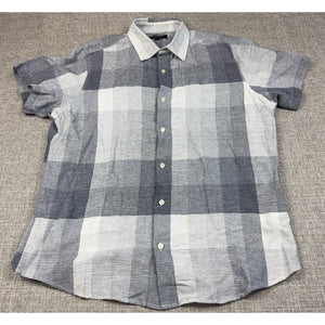 Banana Republic Men's L Linen Slim Fit Gray Plaid Short Sleeve Shirt