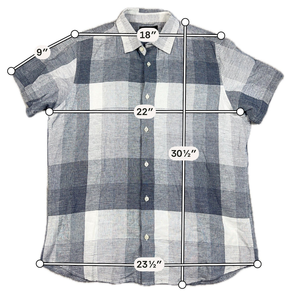 Second Half Supply Co, LLC Banana Republic men's gray and white plaid linen short-sleeve shirt with measurement lines.