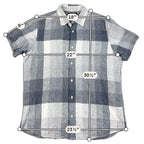 Second Half Supply Co, LLC Banana Republic men's gray and white plaid linen short-sleeve shirt with measurement lines.