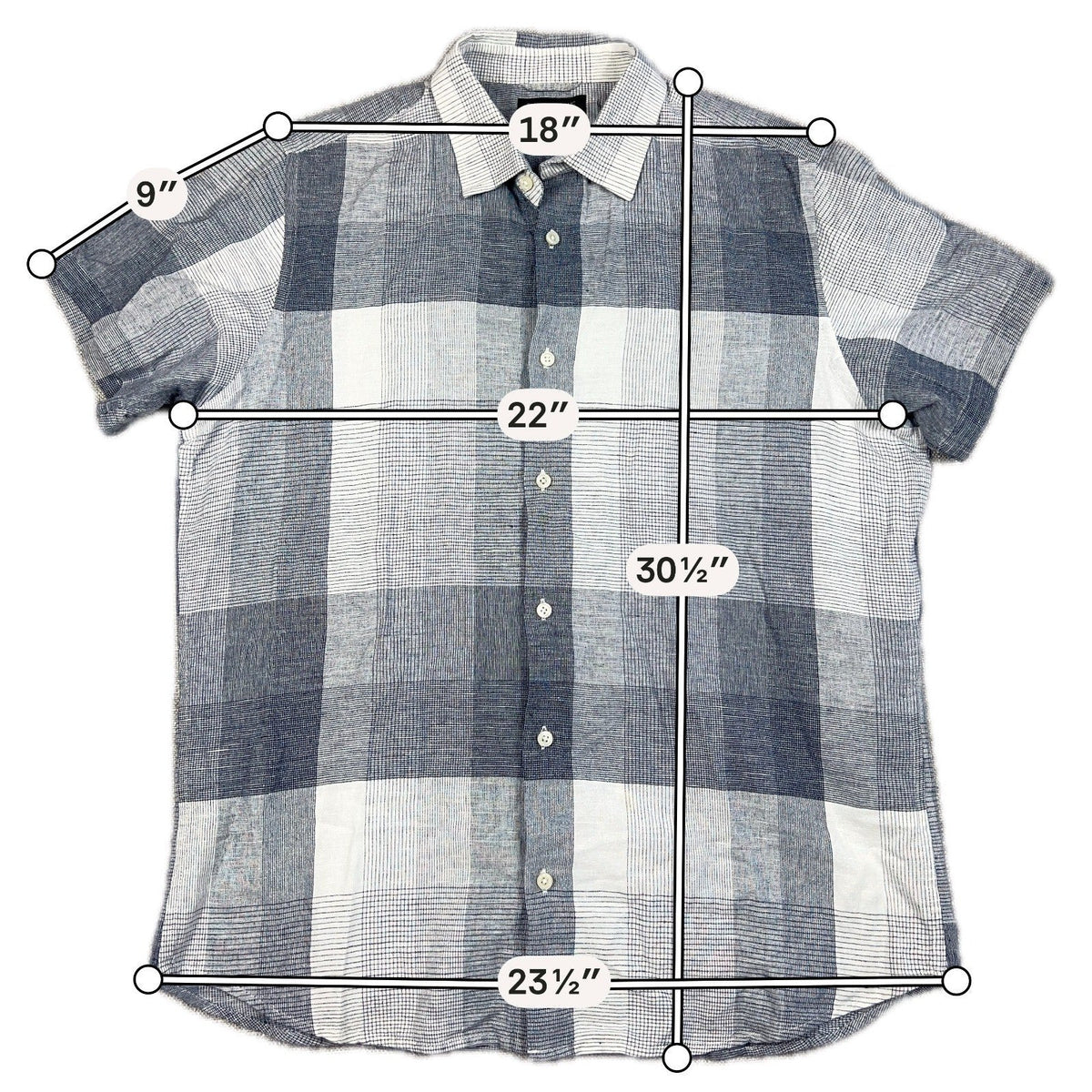 Second Half Supply Co, LLC Banana Republic men's gray and white plaid linen short-sleeve shirt with measurement lines.