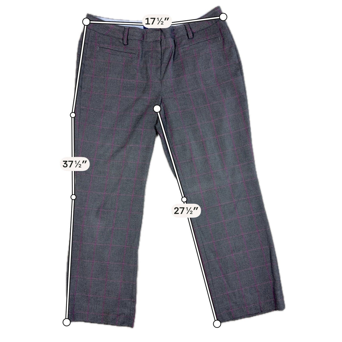 Second Half Supply Co, LLC Lands' End petite gray trouser pants with pink windowpane plaid and measurement overlays
