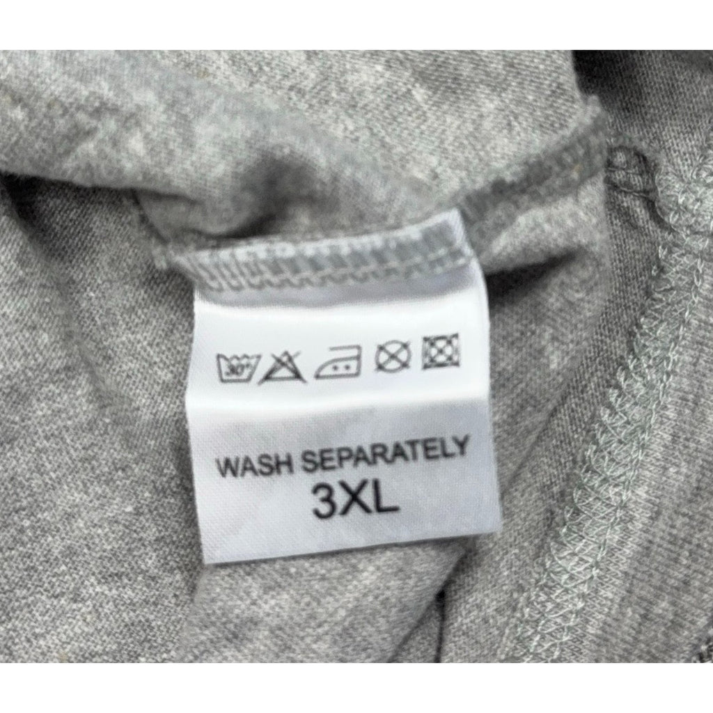 Second Half Supply Co, LLC gray long sleeve shirt size 3XL interior care label with washing instructions