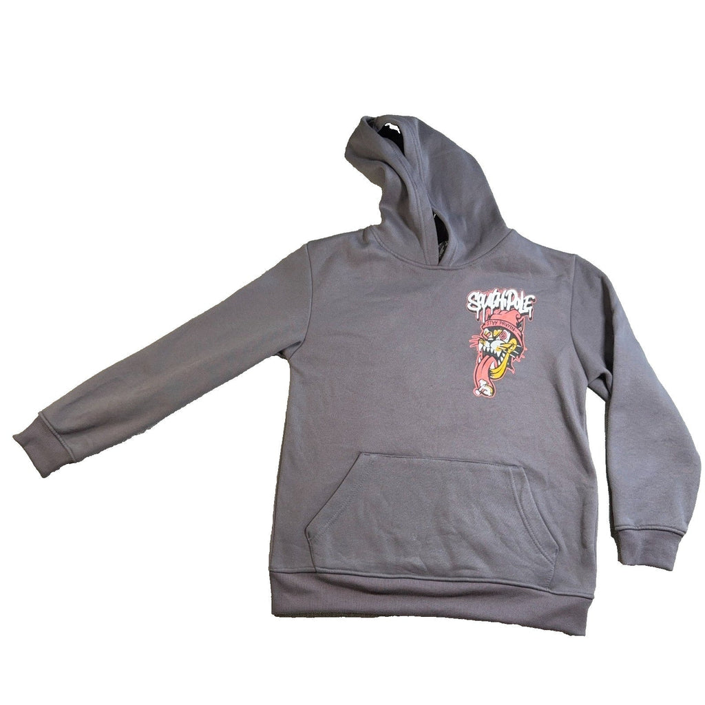 Second Half Supply Co, LLC gray Southpole pullover hoodie with a cat chest graphic, drawstring hood, and front pocket.