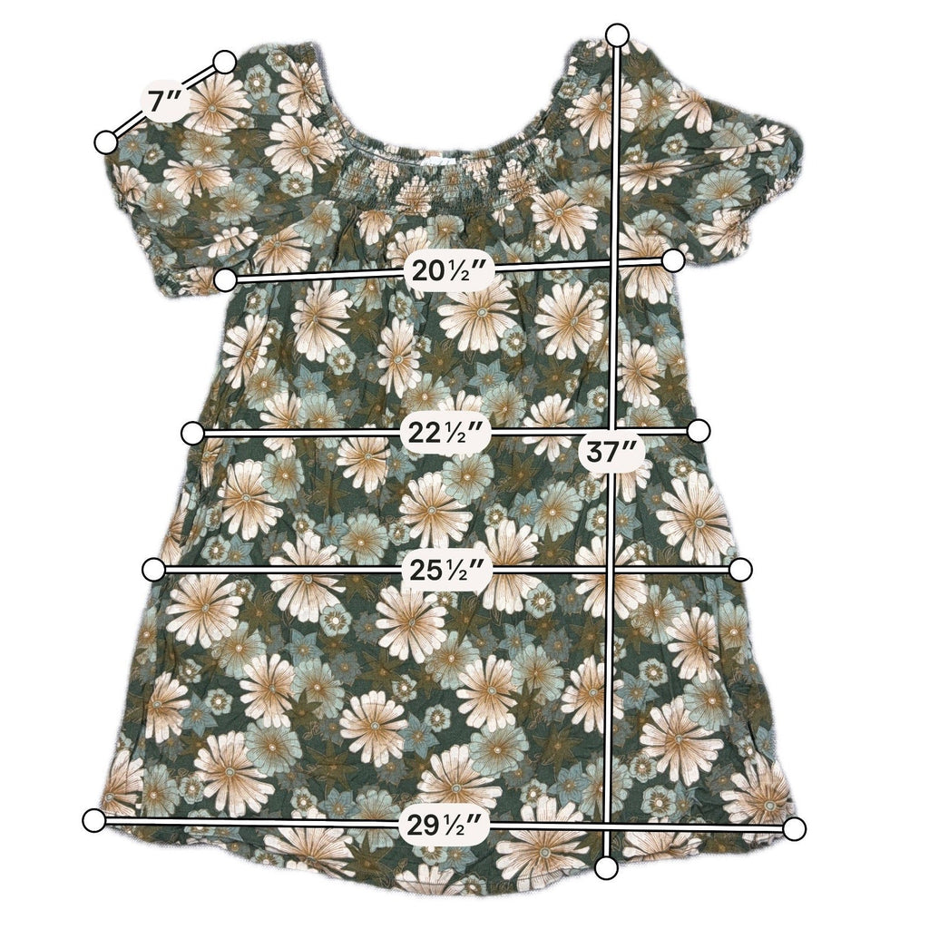 Second Half Supply Co, LLC green floral linen blend peasant dress with smocked neckline and puff sleeves