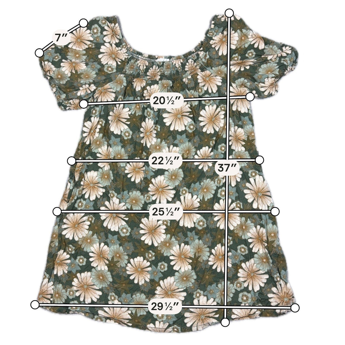 Second Half Supply Co, LLC green floral linen blend peasant dress with smocked neckline and puff sleeves