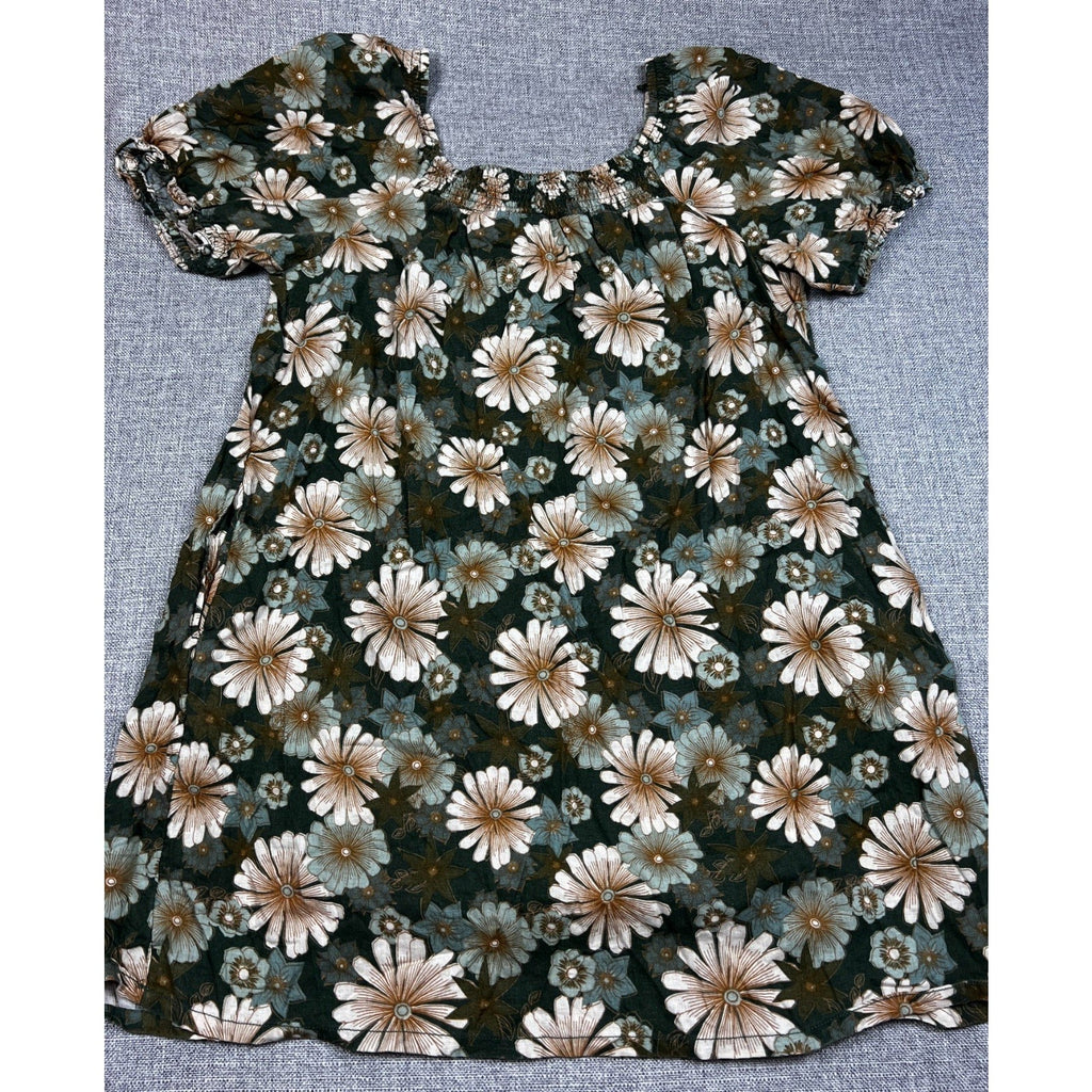 Second Half Supply Co, LLC green floral linen blend peasant dress with smocked neckline and short puff sleeves