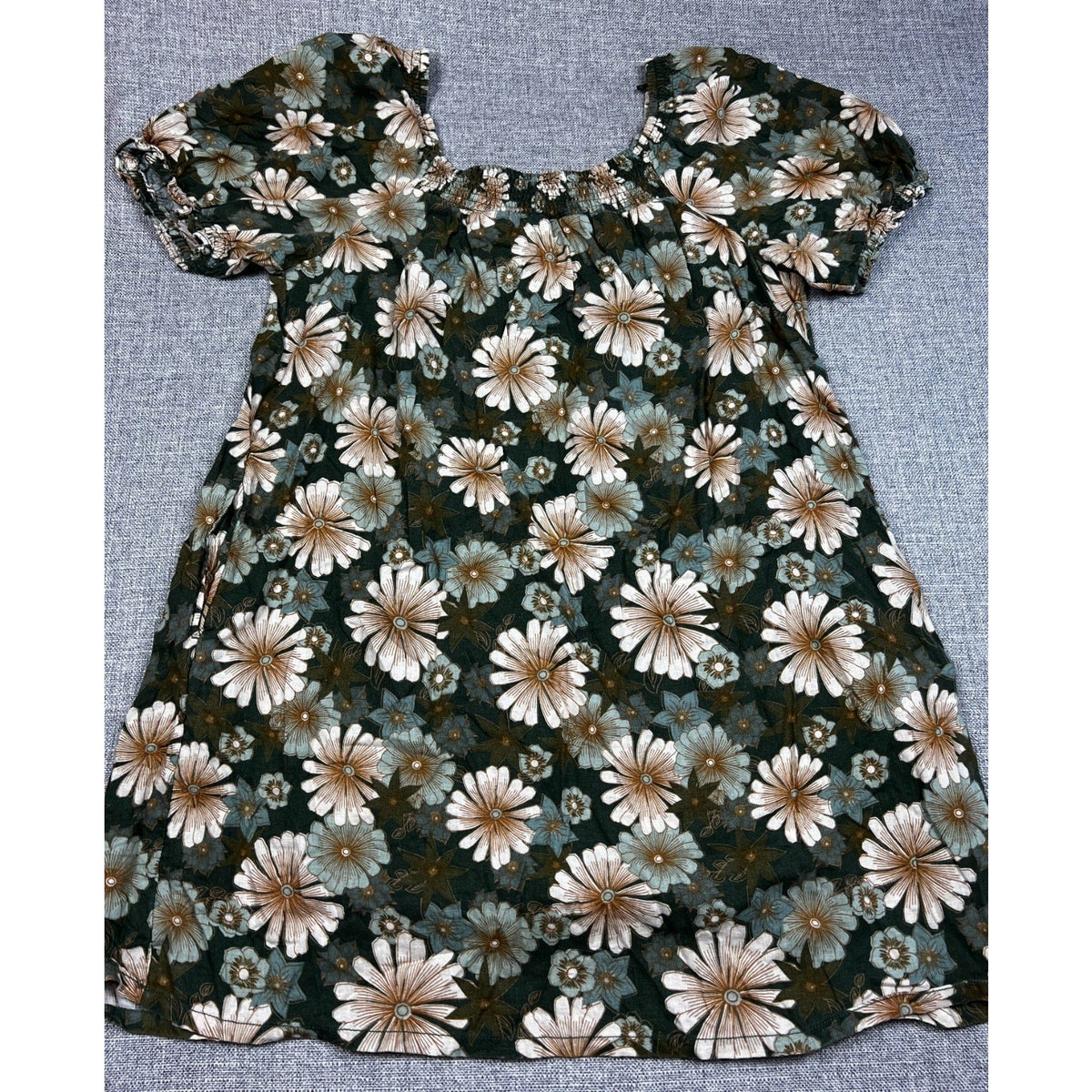 Second Half Supply Co, LLC green floral linen blend peasant dress with smocked neckline and short puff sleeves