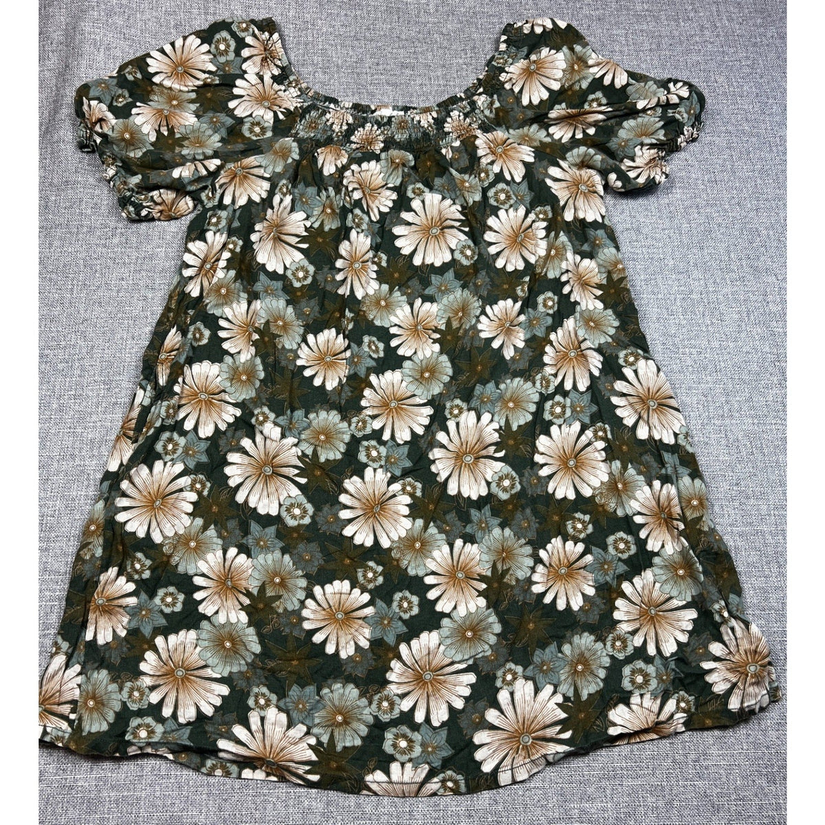 Second Half Supply Co, LLC green floral linen lyocell peasant dress with smocked neckline and puff sleeves