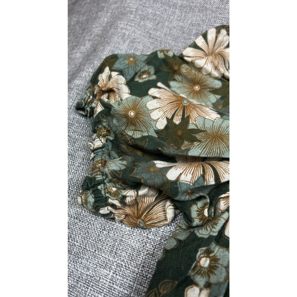 Second Half Supply Co, LLC green floral linen blend peasant dress sleeve with smocked cuff detail