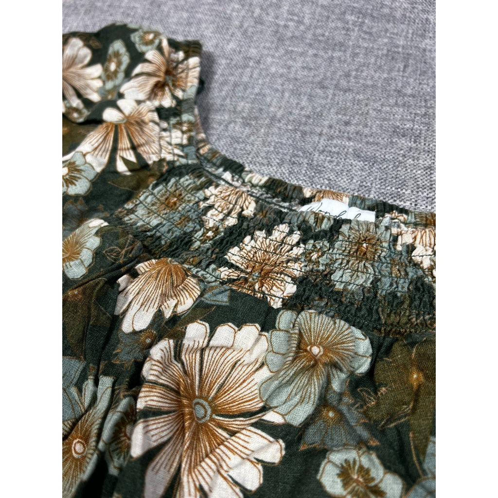 Second Half Supply Co, LLC green floral linen blend peasant dress with smocked neckline detail
