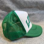 Second Half Supply Co, LLC green and white foam front trucker hat with mesh back, rope trim, and LUCKY graphic