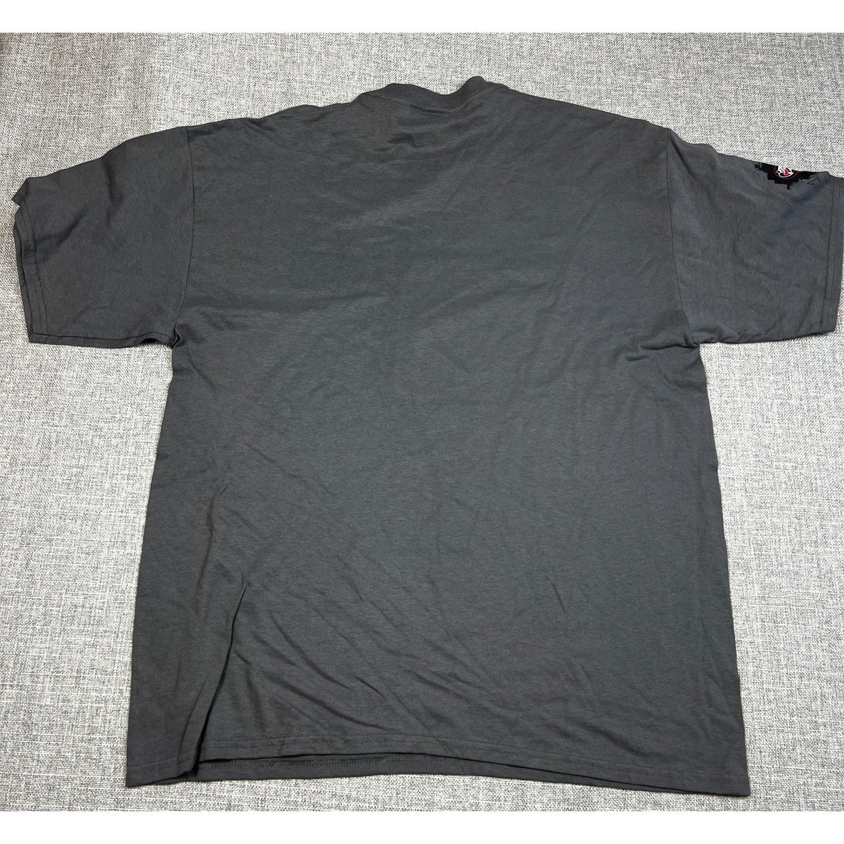 Second Half Supply Co, LLC dark grey cotton t-shirt, back view of a plain crew neck rock band concert tee.