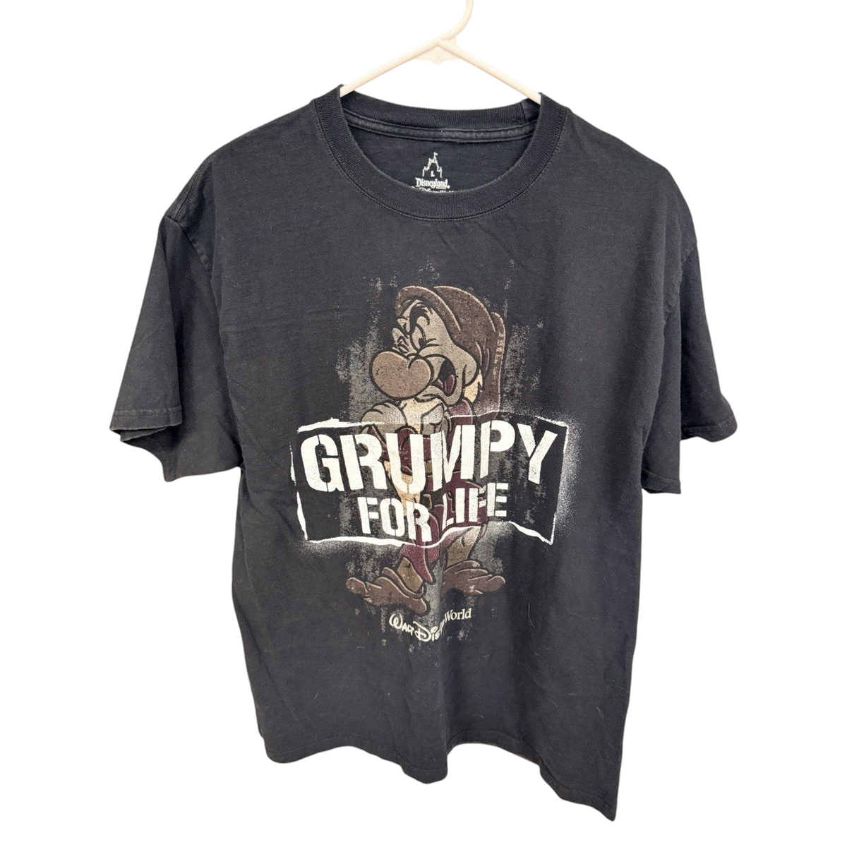 Second Half Supply Co, LLC black Disney Grumpy For Life graphic t-shirt with distressed print and crew neck