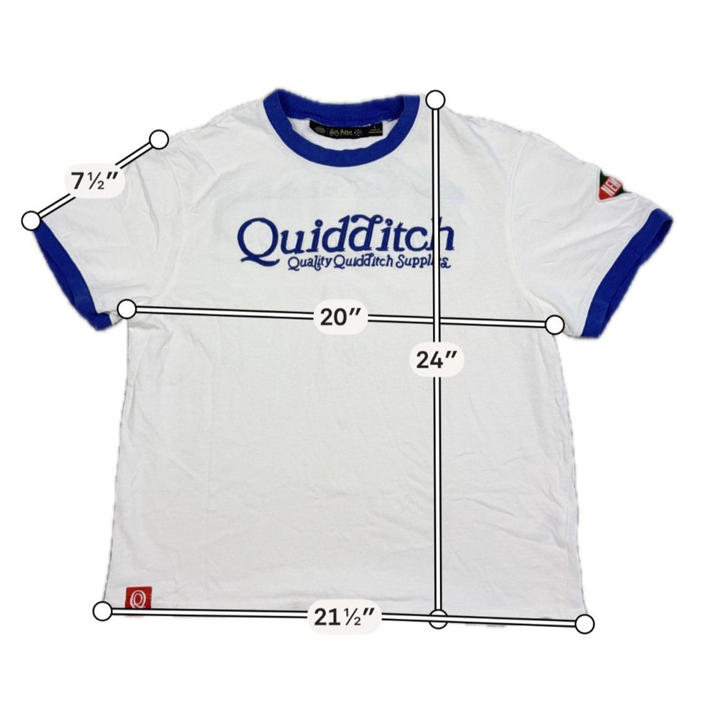 Second Half Supply Co, LLC cream and royal blue Harry Potter Quidditch Supplies ringer t-shirt with measurements