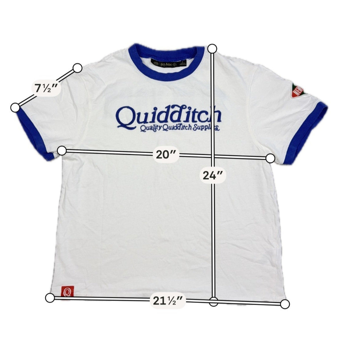 Second Half Supply Co, LLC cream and royal blue Harry Potter Quidditch Supplies ringer t-shirt with measurements