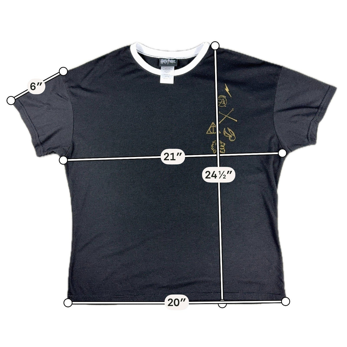 Second Half Supply Co, LLC black Harry Potter ringer tee with white collar and gold icon graphic print