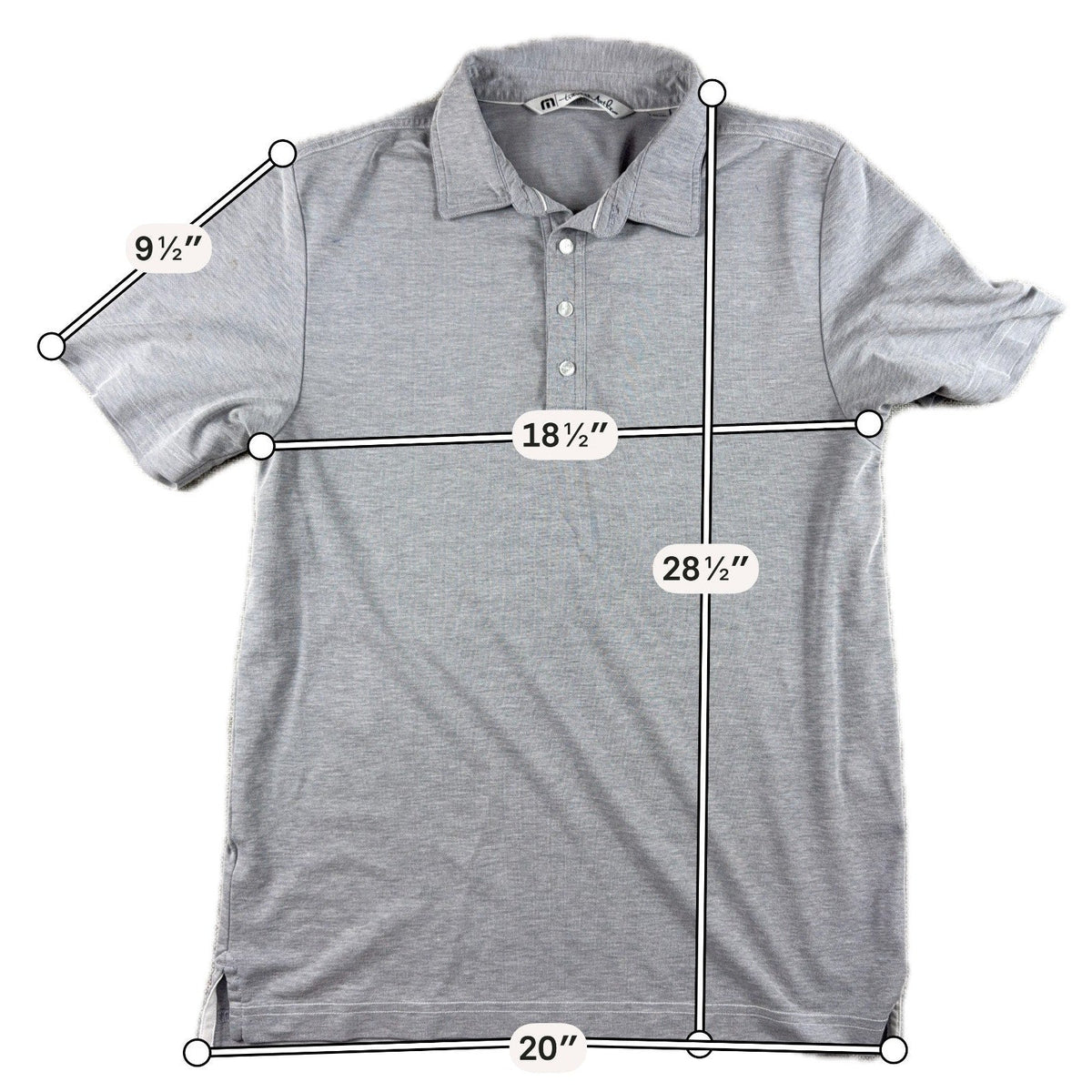 Second Half Supply Co, LLC heather gray TravisMathew performance golf polo shirt with measurement overlays