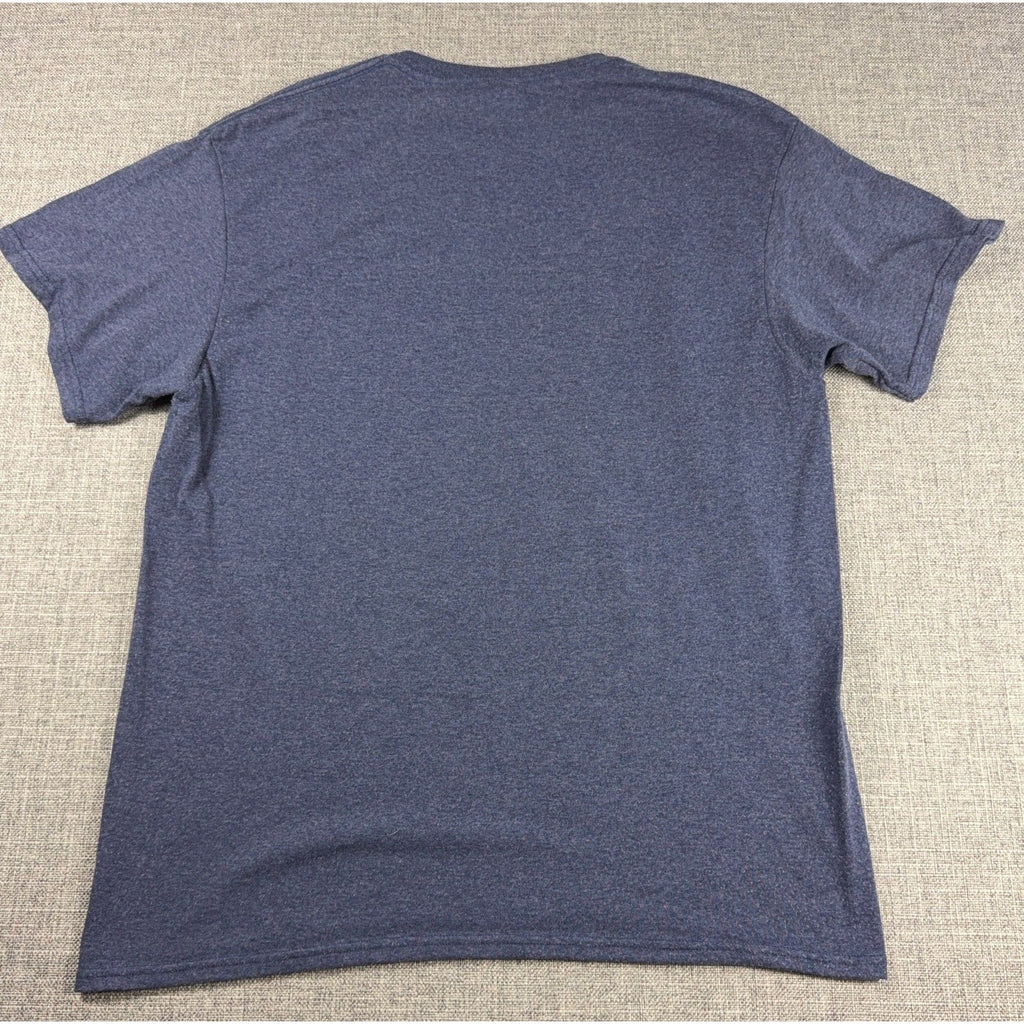 Back view of a heather navy blue short sleeve crew neck graphic t-shirt from Second Half Supply Co, LLC