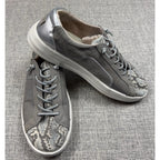 Second Half Supply Co, LLC Hey Dude Karina gray slip-on sneakers with metallic silver heels and snakeskin-print toes.