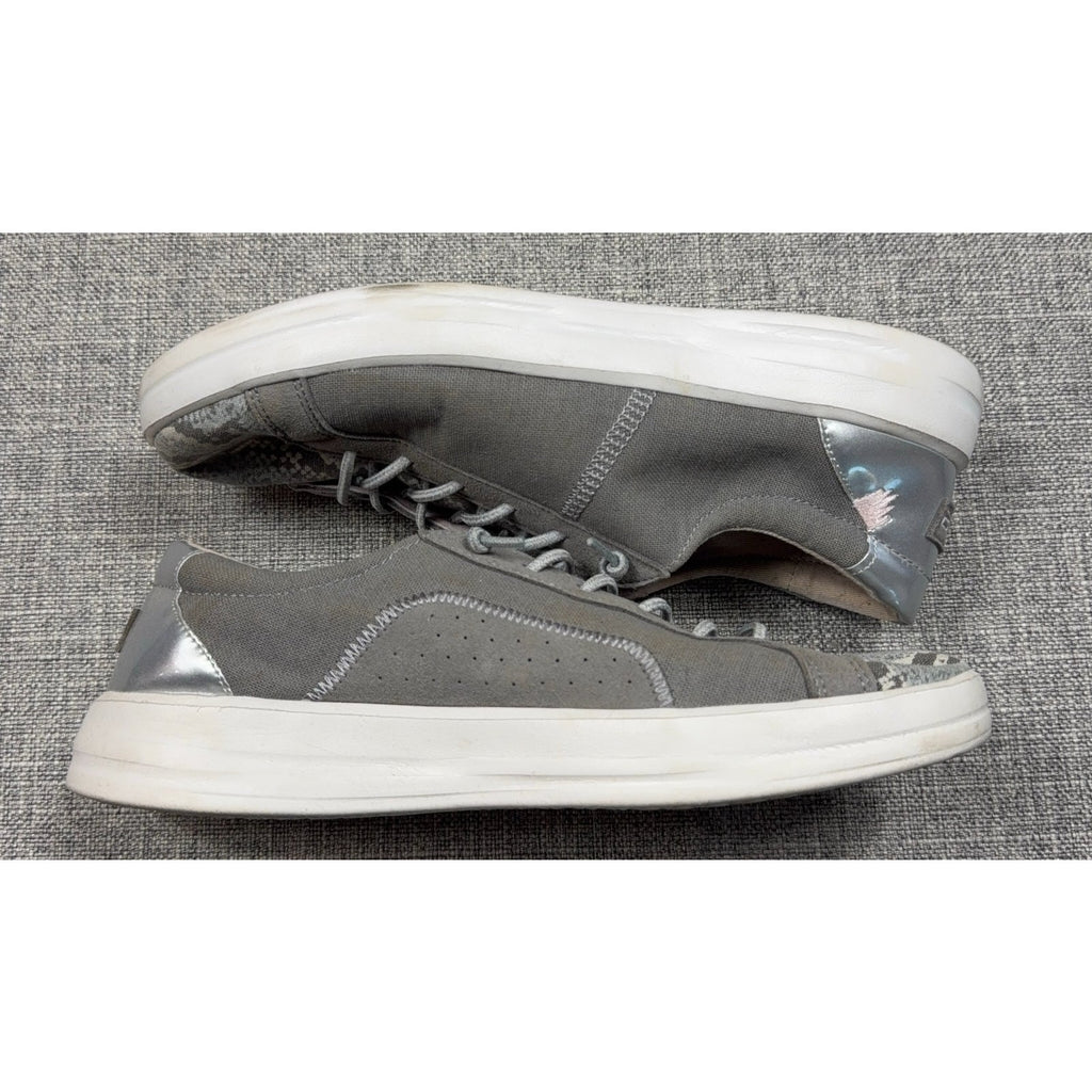 Second Half Supply Co, LLC Hey Dude Karina gray slip-on sneakers with metallic silver heels and snakeskin-print toes.