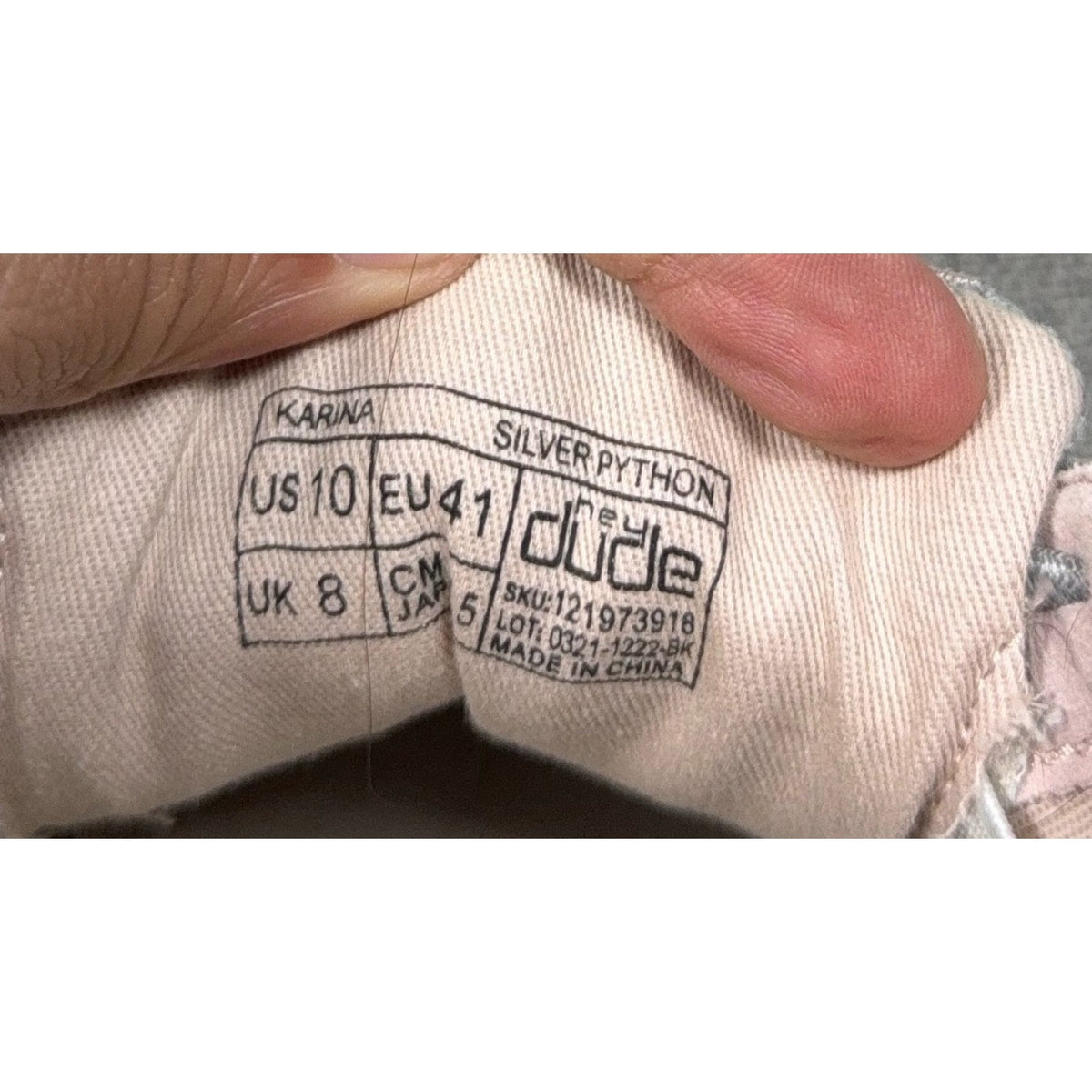 Second Half Supply Co, LLC Hey Dude Karina Silver Python shoe size tag showing US 10 and EU 41 sizing details