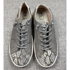 Second Half Supply Co, LLC Hey Dude Karina gray slip-on sneakers with snakeskin print and metallic silver accents.