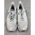Second Half Supply Co, LLC pre-owned white HOKA Clifton 9 women's running shoes with knit uppers and cushioned midsoles.