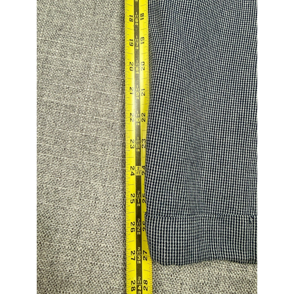 Second Half Supply Co, LLC navy and white micro-houndstooth cotton wool trousers showing a 27-inch inseam measurement.