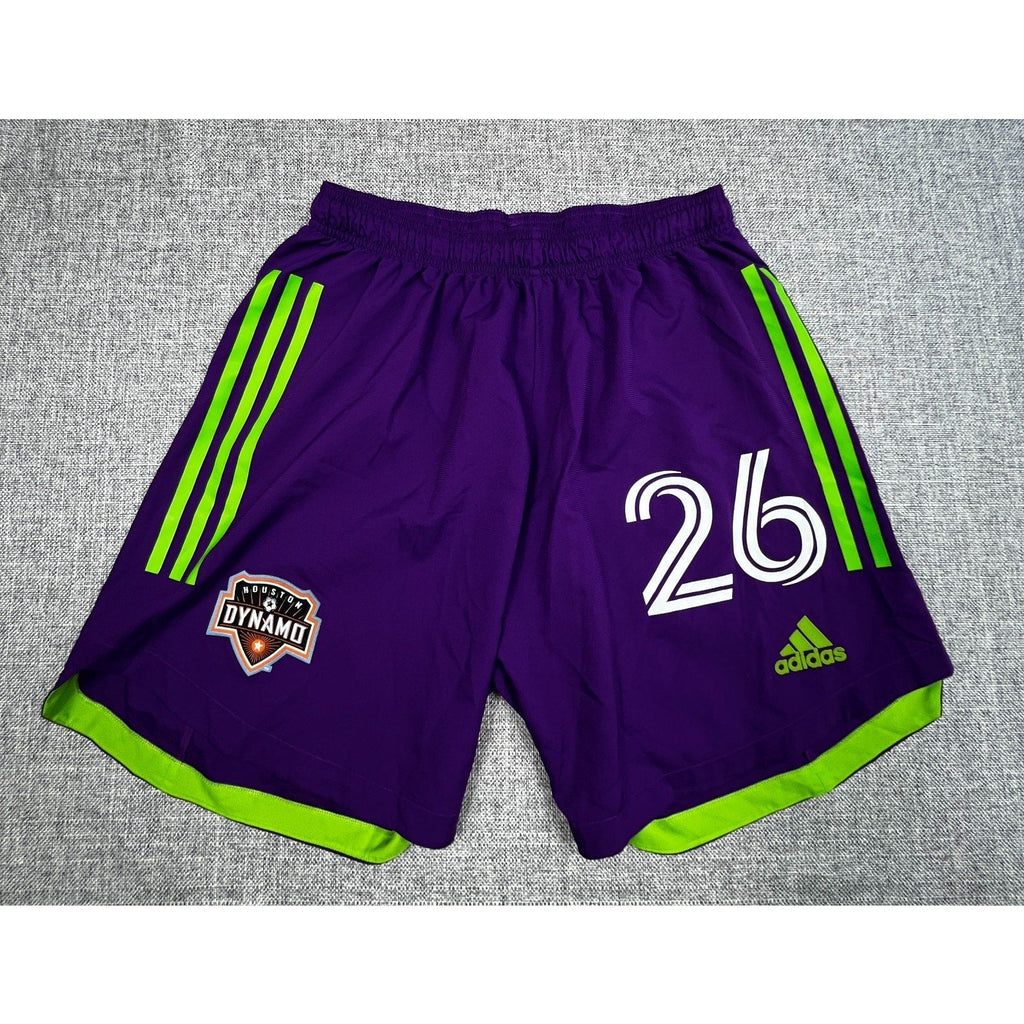 Second Half Supply Co, LLC Houston Dynamo Adidas soccer shorts in purple and neon green with number 26 and club crest
