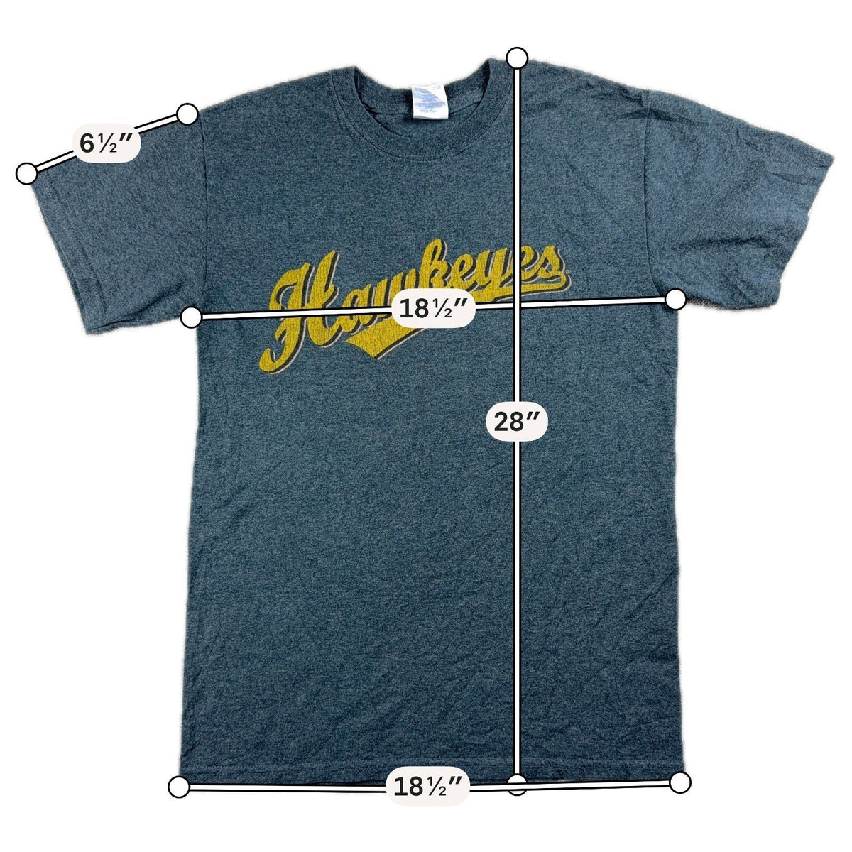 Second Half Supply Co, LLC heather charcoal gray Iowa Hawkeyes graphic t-shirt with yellow script and measurements