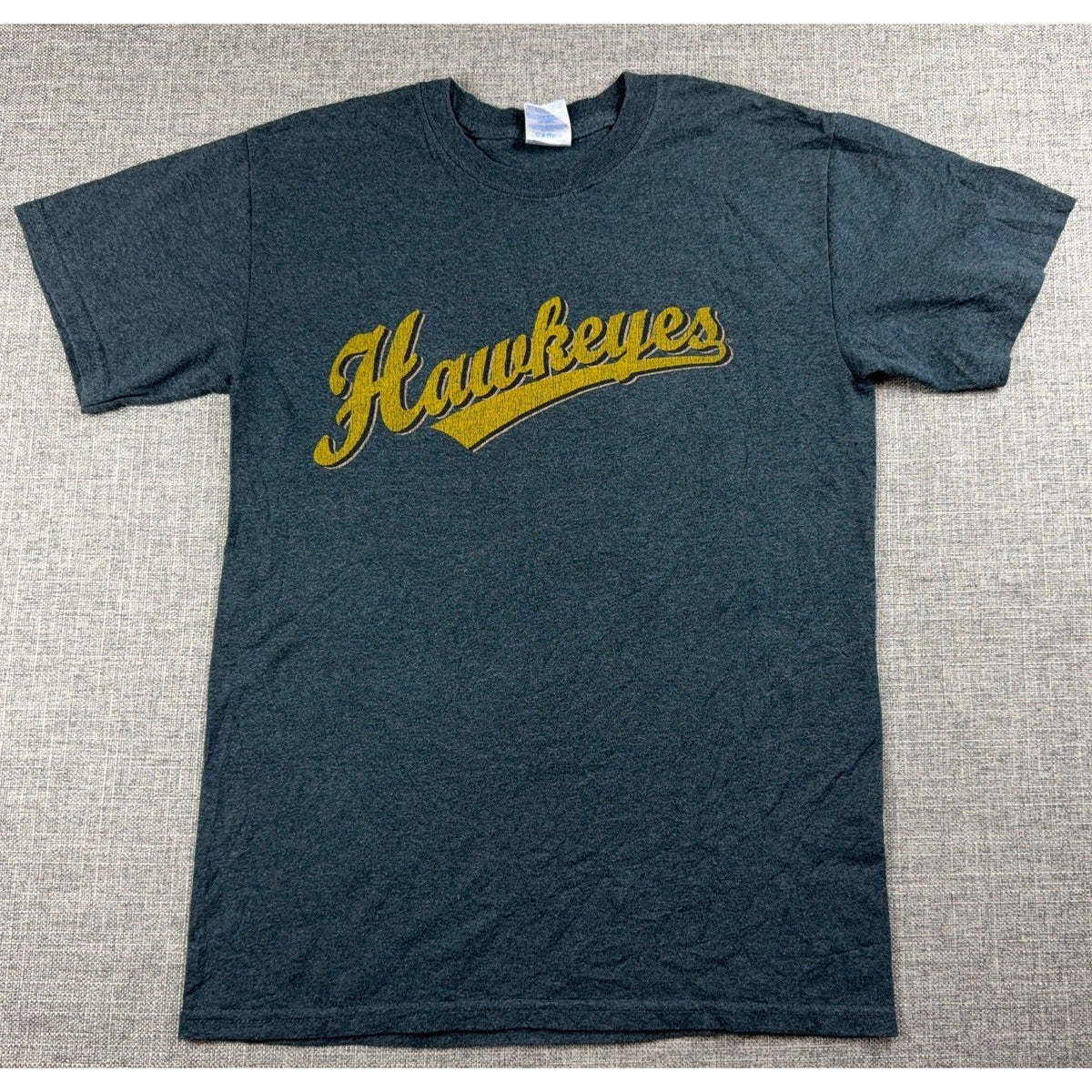 Second Half Supply Co, LLC heather charcoal gray Iowa Hawkeyes graphic T-shirt with yellow distressed lettering