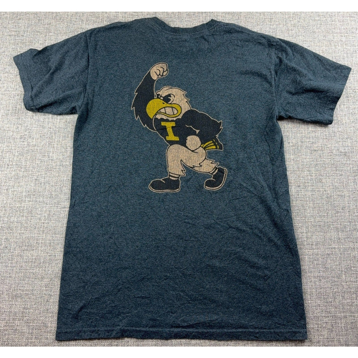 Second Half Supply Co, LLC heather charcoal gray Iowa Hawkeyes T-shirt with back Herky the Hawk mascot graphic