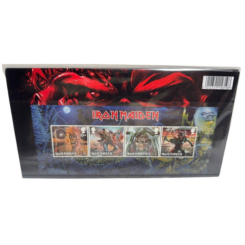 Second Half Supply Co, LLC 2023 Royal Mail Iron Maiden stamp presentation pack featuring Eddie artwork and 12 stamps.