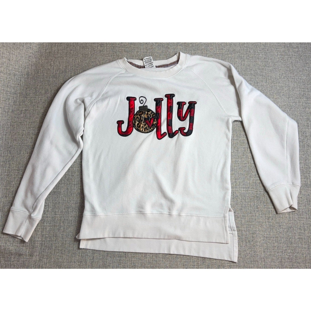 Second Half Supply Co, LLC ivory Christmas sweatshirt with Jolly appliqué in buffalo plaid and leopard print