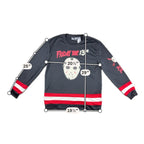 Second Half Supply Co, LLC black Friday the 13th Jason Voorhees hockey jersey with red and white striped trim