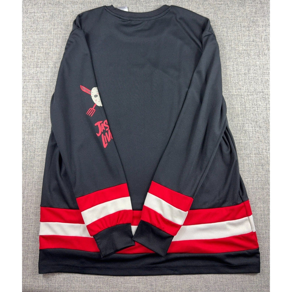 Second Half Supply Co, LLC black polyester hockey jersey with Jason Voorhees sleeve graphic and red white striped trim