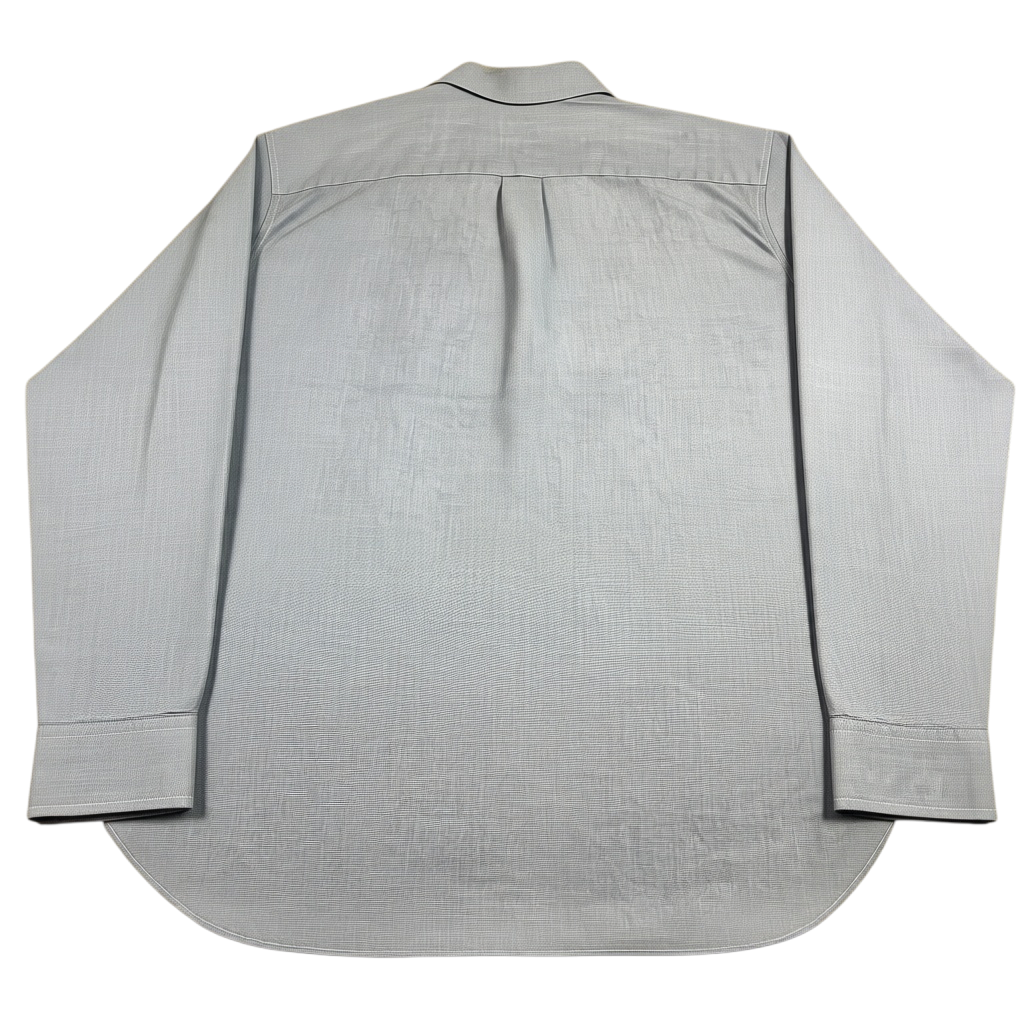 Back view of a Second Half Supply Co, LLC J.Crew blue-gray 2-ply cotton chambray shirt with a box pleat.