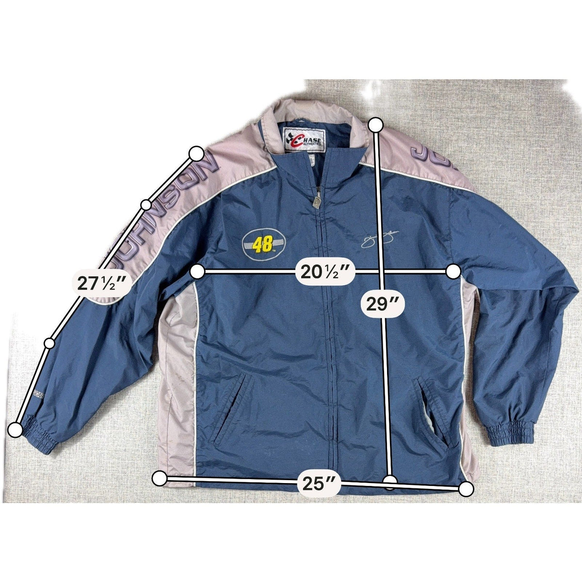 Second Half Supply Co, LLC vintage blue and gray Jimmie Johnson NASCAR racing jacket with embroidered 48 logo