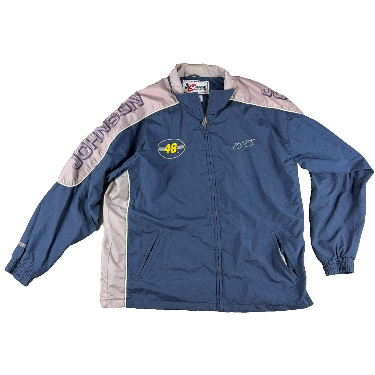 Second Half Supply Co, LLC vintage blue and gray Jimmie Johnson NASCAR racing jacket with embroidered 48 logo