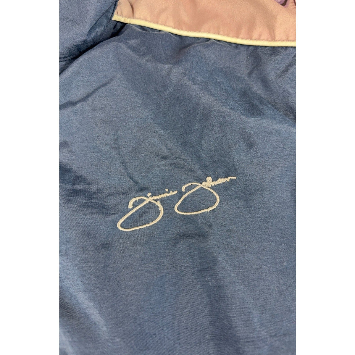 Second Half Supply Co, LLC vintage blue NASCAR racing jacket featuring Jimmie Johnson embroidered signature detail