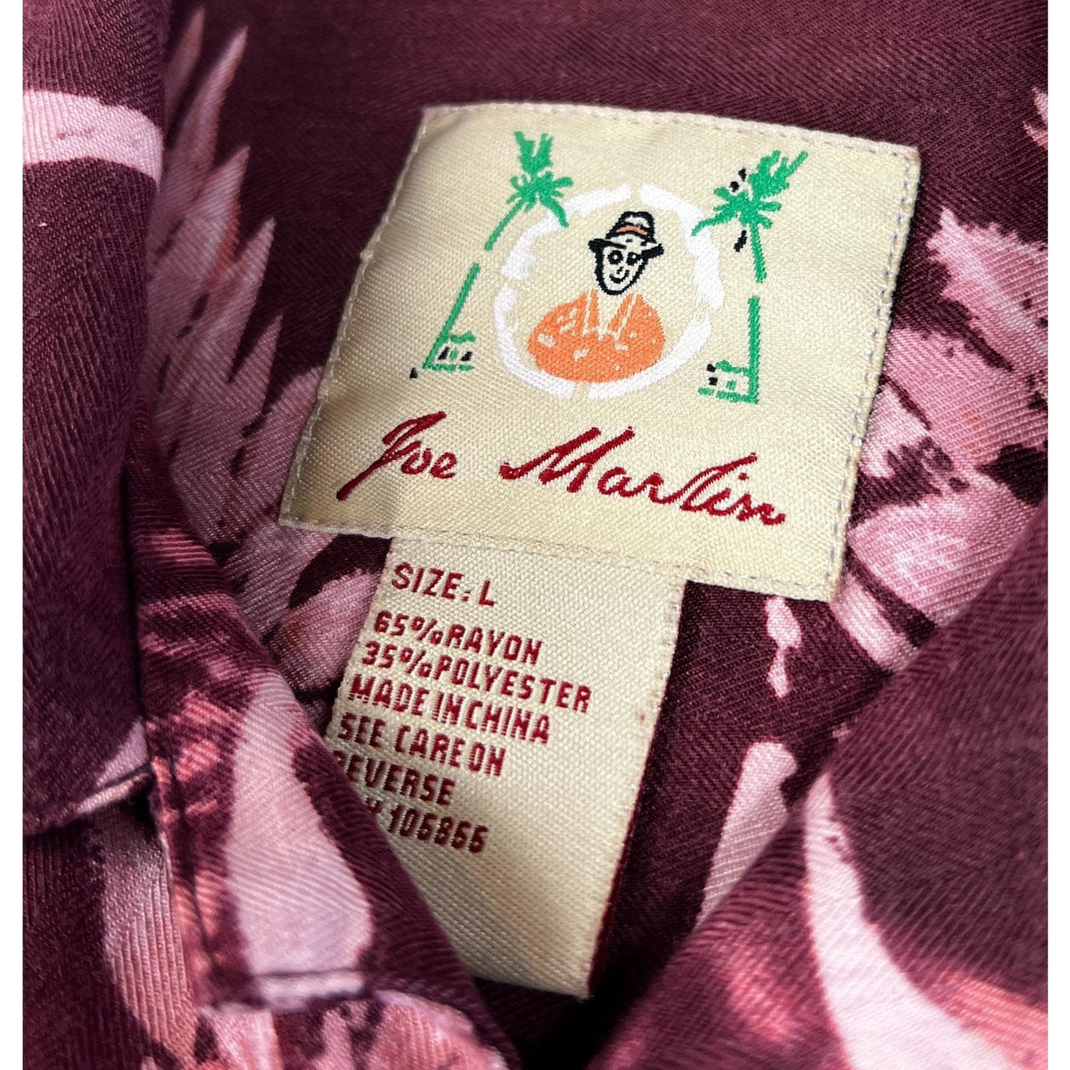 Second Half Supply Co, LLC Joe Marlin burgundy and pink floral Hawaiian shirt label showing size L and rayon blend