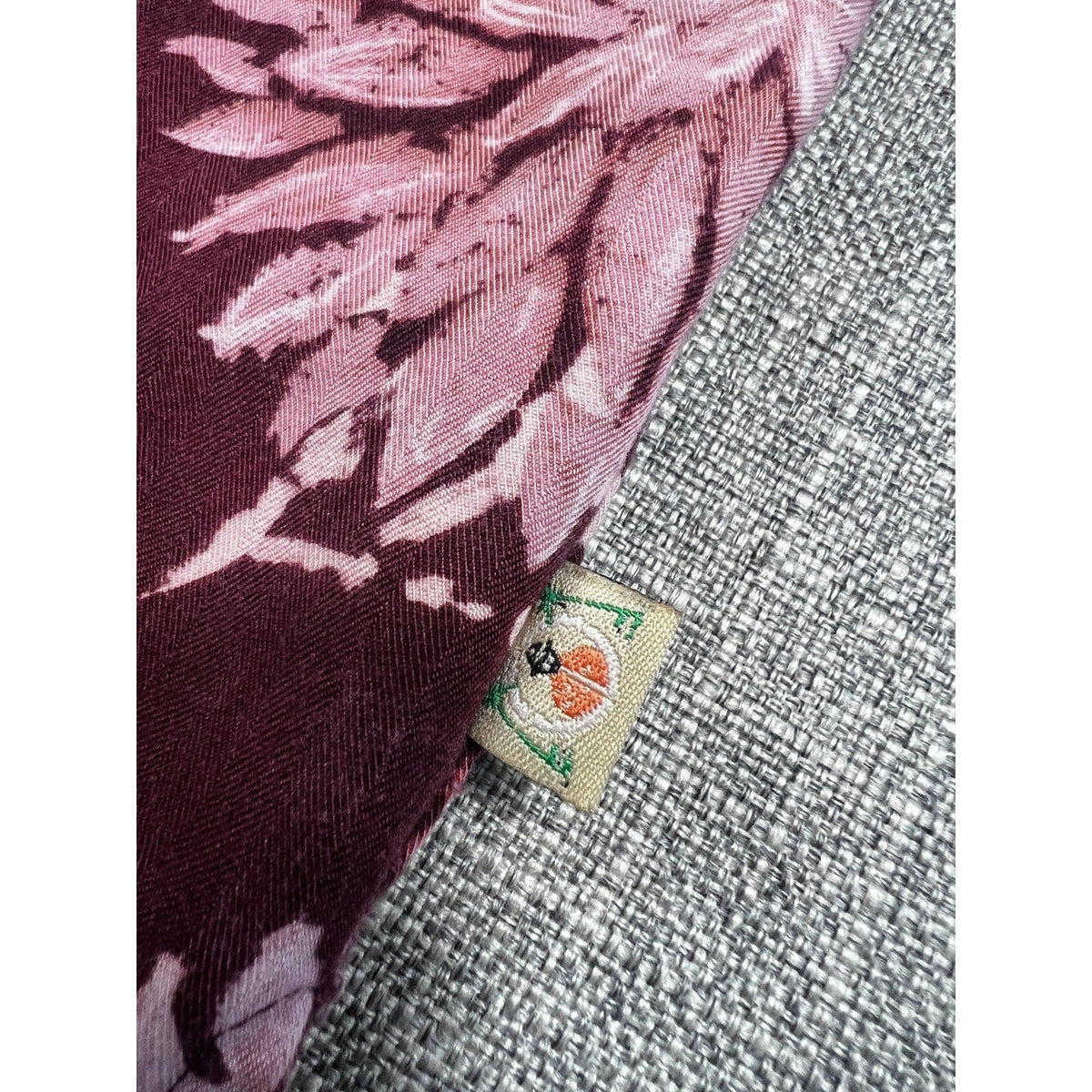 Second Half Supply Co, LLC Joe Marlin burgundy and pink floral rayon shirt brand tag detail