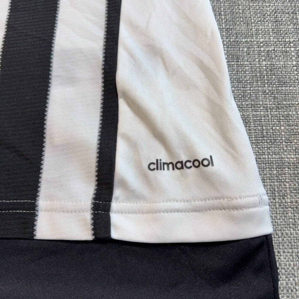 Second Half Supply Co, LLC Adidas Juventus 2015-16 home jersey featuring black and white stripes and Climacool fabric.
