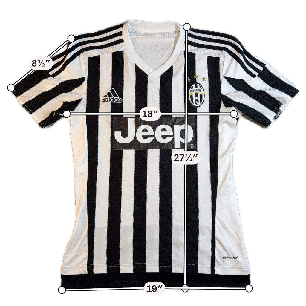 Second Half Supply Co, LLC Adidas Juventus 2015-16 home soccer jersey in black and white with Jeep sponsor logo