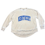 Second Half Supply Co, LLC cream vintage-wash Kentucky crewneck sweatshirt with blue lettering and high-low hemline.