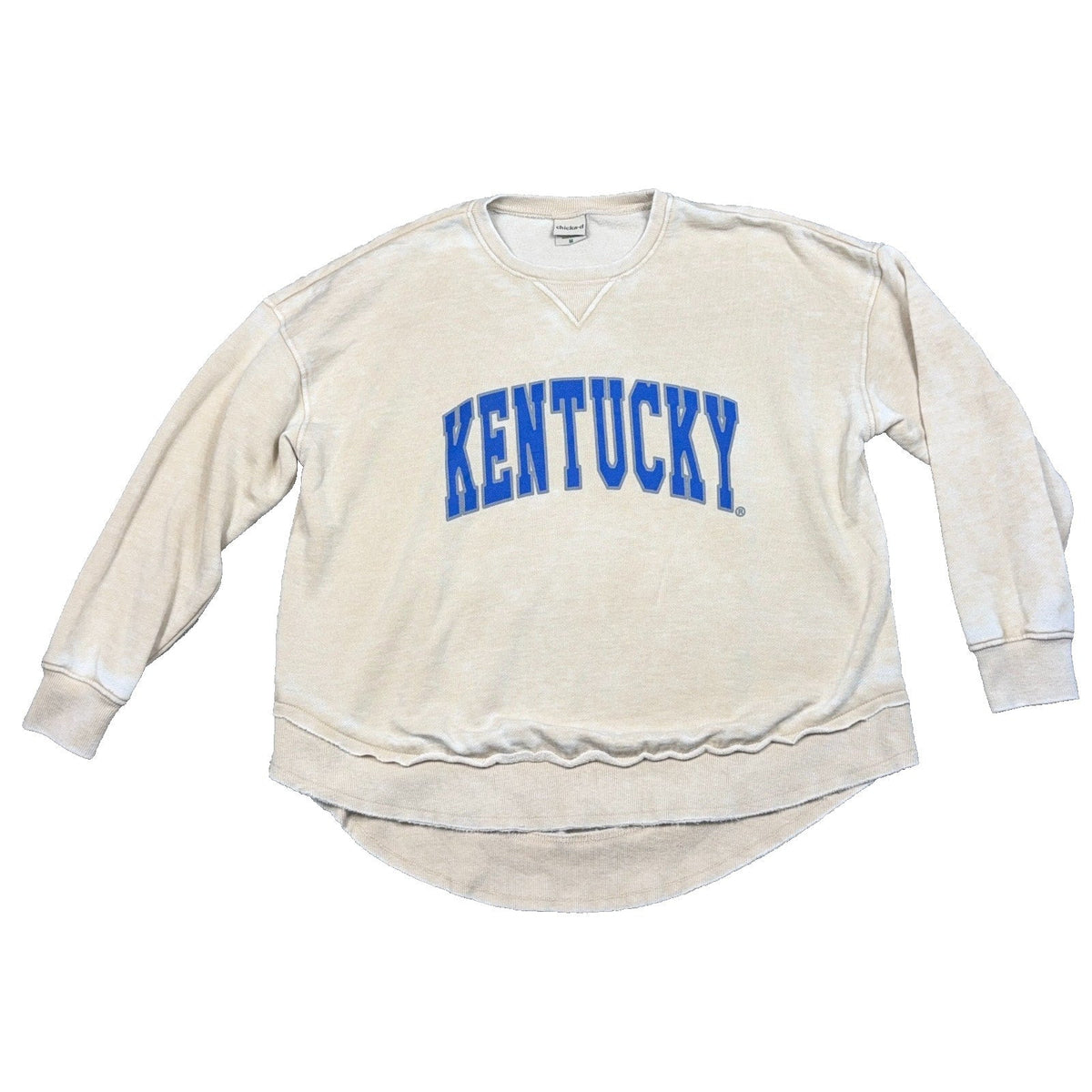 Second Half Supply Co, LLC cream vintage-wash Kentucky crewneck sweatshirt with blue lettering and high-low hemline.